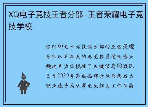 XQ电子竞技王者分部-王者荣耀电子竞技学校