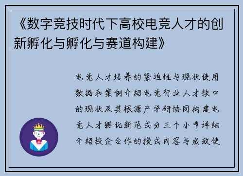 《数字竞技时代下高校电竞人才的创新孵化与孵化与赛道构建》